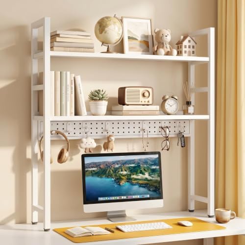 Brakki 2-Tier Desk Shelf, Desk Hutch Bookshelf with Pegboard and Hook Dorm by BRAKKI