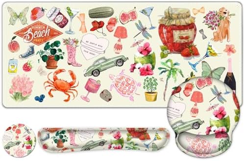 Mouse Pad, 4 in1 Large Desk Mat, Desk Pad Matt for Desktop, Anti-Slip XXL Big Computer Ergonomic Mousepad with Wrist Support for Keyboard and Mouse for Women I Watercolor Stickers by NXZGO