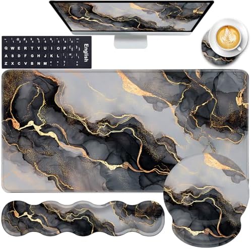 Mouse Pad,Large Pink Desk Mat, 4in1 XXL Mousepad + Keyboard Wrist Rest+Mouse Wrist Rest+Coaster Set with Ergonomic Desk Pad for Home Office Table Computer-Black Golden Marble by CICPLKSE
