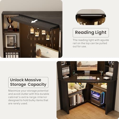 Corner Computer Desk with Hutch & Shelves and LED Reading Lights, Black - Image 5