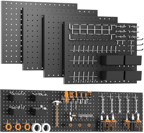 Black Peg Board, 4 Pack Metal Pegboard with Hooks, 71pcs Pegboard Kit, Pegboard Wall Organizer, Heavy Duty Peg Boards for Walls Home Office, Garage Tool Storage, Workbench, Craft Room by Unknown