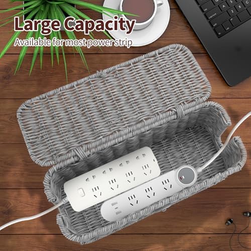 Cable Management Box, Desk Handwoven Rattan Cord Hider Cable Organizer Box With Lid Button Lock, Power Strip Cover Wicker Decorative Basket, Floor Wire Hiding Extension Cord Box (grey) - Image 2