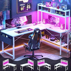 Aheaplus 59" L Shaped Desk Gaming Desk with LED Light & Power Outlet, White by Aheaplus