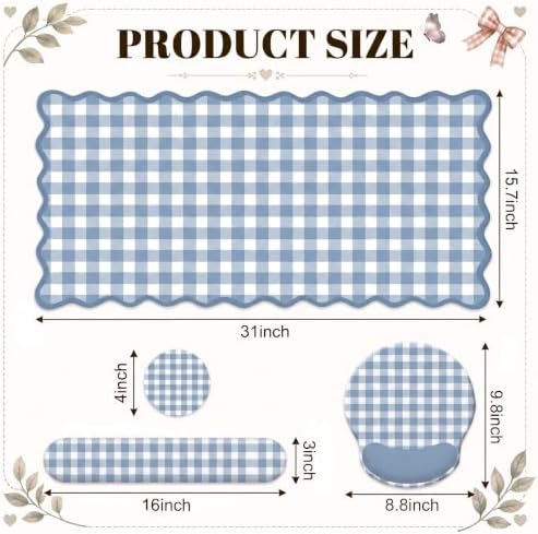 Blue Gingham Scalloped Desk Mat Set,Mouse Pad with Gel Wrist Rest,Ergonomic Keyboard Wrist Support for Women Non-Slip Desk Pad Home Office Decor - Image 6