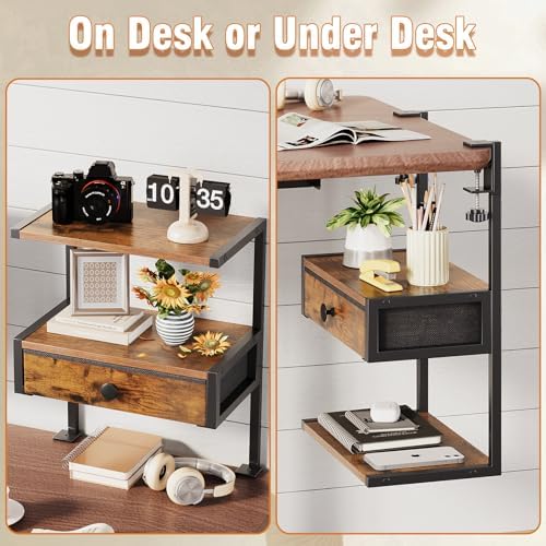 VENNQD Clamp On Desk Shelf, 2-Tier Desktop Organizer, Wood Desktop Supplies Tabletop Book Storage Rack with Adjustable Shelves for Table Working and Gaming Accessories, Rustic Brown - Image 6