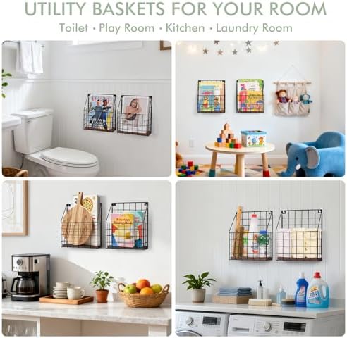 Mail Holder Magazine Basket 2Pack Black Wall Mount File Organizer Wood Rack - Image 2