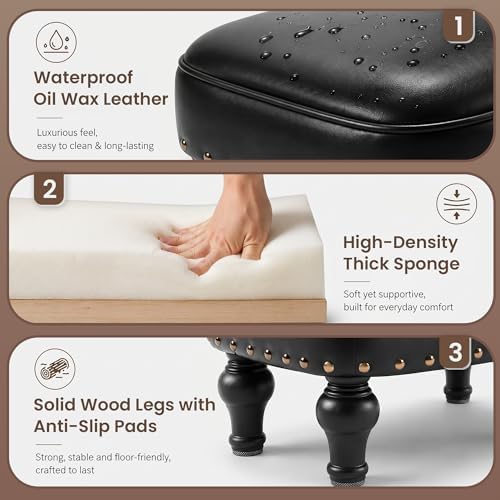 Cmishe Ottoman Leather Footrest,Vintage Footstool,Thickened Foam Upholstered Seat,Wooden Leg Foot Rest,Under Desk Shoe Bench Small Bench for Living Room Dining Room(Black) - Image 4