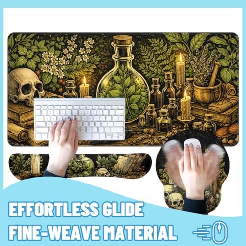 Dark Alchemy Desk Mat Set Witch Herbal Skull Study Large Mouse Pad with Wrist Rest 4in1 Desk Mat for Desktop Ergonomic Computer Desk Arm Wrist Anti-Slip Computer Mouse Pad Home Office Gaming - Image 4