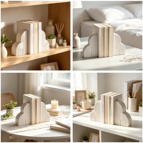Matte Textured Arch Ceramic Bookends Pair,Heavy Duty Decorative Book Holders,Speckled Black Dot Sculpture Book Stoppers for Shelf Tabletop, Minimalist Modern Home Decor Gift for Book Lovers（White） - Image 4
