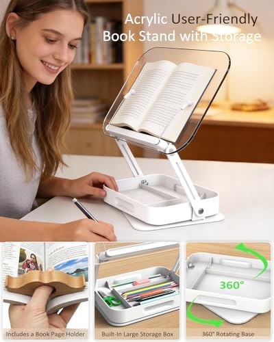 Book Stand for Reading, Acrylic Adjustable Book Holder with Book Page Holder, 360°Cookbook Stand with Storage for Kitchen Counter, Hands Free Recipe Book Holder for Textbook Cookbook, Clear - Image 2