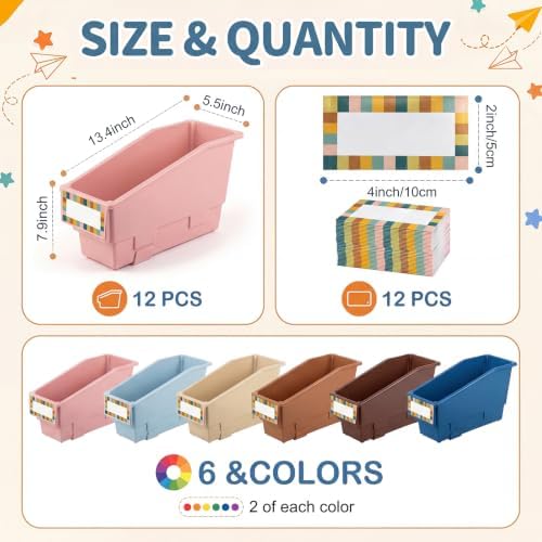 Geetery 12 Pack Non-Tip Book Bins with Stabilizer Wings,lables, Boho - Image 2