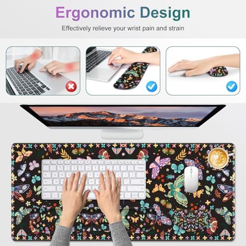 Desk Mat Pad, Gaming Mouse Pad Wrist Support Set, 4 in1 Non-Slip XXL Large Mousepad + Ergonomic Keyboard Wrist Rest+Mouse Wrist Rest+Coaster for Home Office Computer I Colorful Butterfly - Image 5