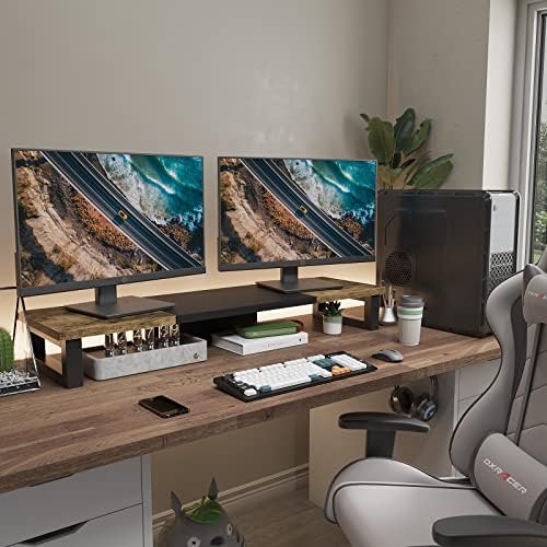 WESTREE Dual Monitor Stand Riser, Wood and Steel Multi-Purpose Desktop Storage Stand for 2 Monitors for Computer, Laptop, Printer, TV, Rustic Brown - Image 5