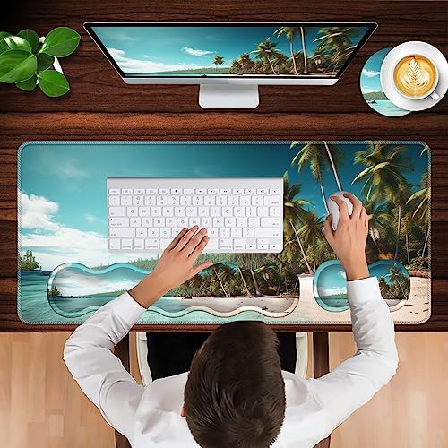 Keyboard Wrist Rest and Mouse Pad with Wrist Support Set Ergonomic Coaster,Memory Foam,Easy Typing Pain Relief,Large XL Desk Mat 31.5"x 11.8",Beach and Coconut Trees Design - Image 4