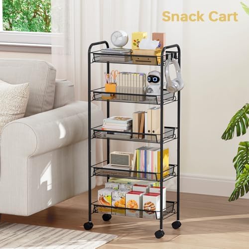 TOOLF 5 Tier Rolling Cart, Metal Utility Storage Cart with Wheels, Black - Image 6