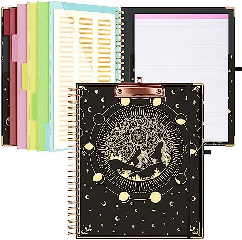 Ospelelf Clipboard with Storage 8.5 X 11，Padfolio Organizer, Spiral Portfolio Letter Size with Notepad, Pen Holder, 5 Extra Folder Divider Pages, Elastic Closure Nurse Office Essentials (Moon) by OspelelfOfficeSupplies