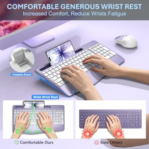 Rechargeable Silent Wireless Keyboard and Mouse Combo, Ergonomic Wrist Rest & Phone Tablet Holder, USB-C Adapter Included, 2.4G Lag-Free Cordless Set for Windows Mac Laptop PC Home Office (Purple) - Image 3