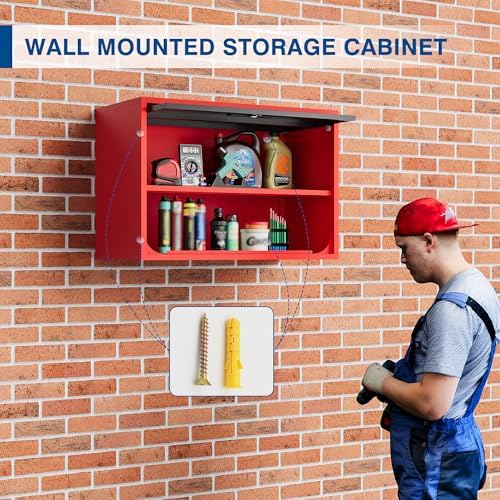 Fesbos Metal Storage Cabinet Black Red Wall Cabinets with Shelf and Locking Door - Wall Mounted Storage Cabinet for Garage Warehouse Home Office - Assembly Required - Image 6