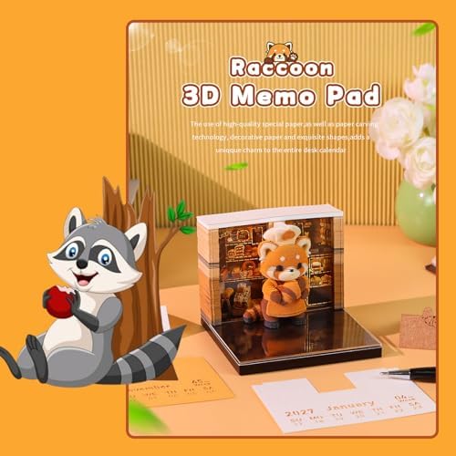 3D Calendar 2027,3D Desk Calendar 2027,Cute little raccoon Tear-Off Paper Sculpture Desk Calendars,3D Desk Calendar Memo Pad 2027,3D Memo Pad Creative Tear Away Weekly planner Carving Art Calendar Notepad,Gift,Paper sculpture calendar (Cute little racc... - Image 6