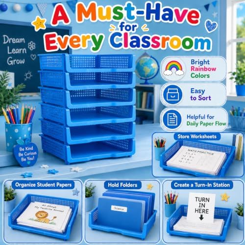 6 Pcs Blue Turn in Trays Classroom, Stackable Paper Bins for Classroom, 13x9x2.8 inch Plastic Baskets Desktop Organization System Office (Blue) - Image 7