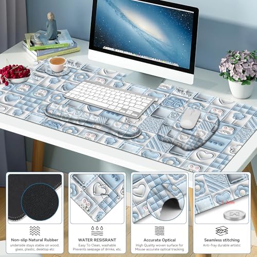 4 in 1 Large Mouse Pad, Keyboard Wrist Rest Set, Ergonomic Mouse Pad with Wrist Support, Desk Mat with Stitched Edges Extended Desk Pad Waterproof Desk Mat for Home Office Game I Cute Rabbit Baby Blue - Image 5