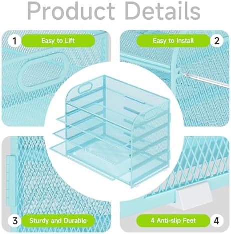 Cawukege 2 Pack 5 Tier Paper Organizer, Letter Tray with Handle, Mesh Desk Organizer, Metal File Organizer, Office Desk Accessories for Home, Office, Classroom, School -Blue - Image 4