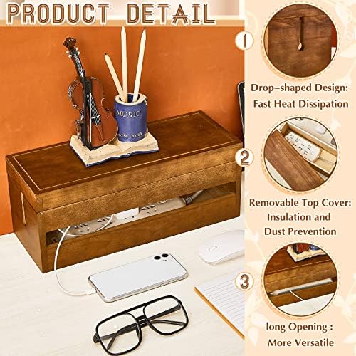 Hoteam 48 Pcs Wooden Cable Management Box Cable Organizer Box Set Power Strip Holder Cord Hider Clip Adhesive Management Ties Cord Sleeves for Desktop Home Office(Brown,Large) - Image 4
