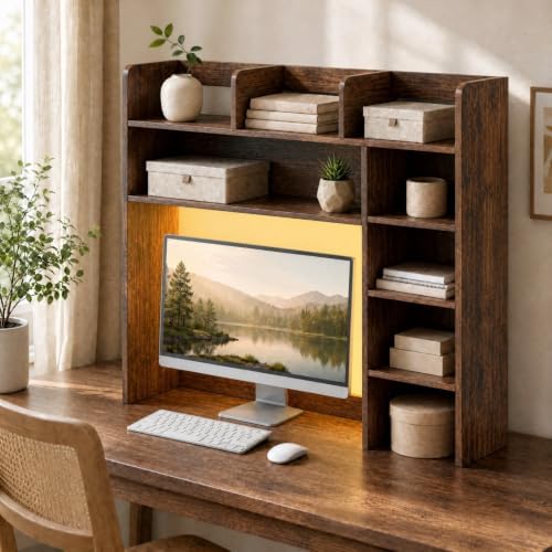 GOFLAME Desk Hutch, 8 Shelves Desktop Bookshelf, 31.5”, Rustic Brown by GOFLAME