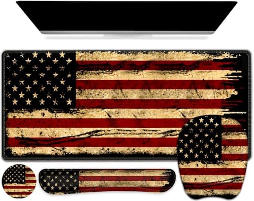 Large Mouse Pad with Wrist Support 4in1 Set, XXL Game Mousepad + Keyboard Wrist Rest+Mouse Wrist Rest+Coaster with Ergonomic Design Gaming Mat for Home Office Table Computer I Retro USA Flag by NXZGO