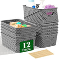 12 Pack Plastic Storage Baskets for Organizing, Storage Baskets for Shelves with Handles, Small Storage Bins with Labels, Classroom Storage Organization for Cabinet,Closet, Office,Gray by Unknown
