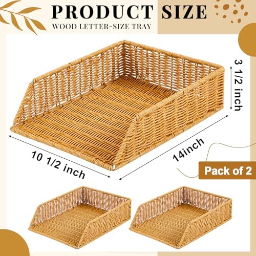 Yeaqee 2 Pcs Paper Tray Organizer for Desk Woven Letter File Organizer A4 File Tray Desk Paper Basket Letter Size Imitation Rattan Holder Organization Rack for Office Storage(Brown,Sleek Style) - Image 2