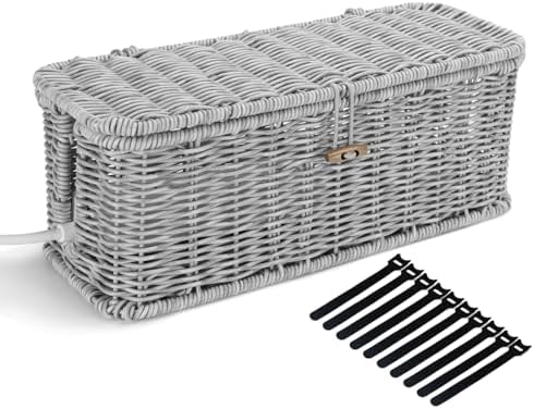 Cable Management Box, Desk Handwoven Rattan Cord Hider Cable Organizer Box With Lid Button Lock, Power Strip Cover Wicker Decorative Basket, Floor Wire Hiding Extension Cord Box (grey) by AllHercom
