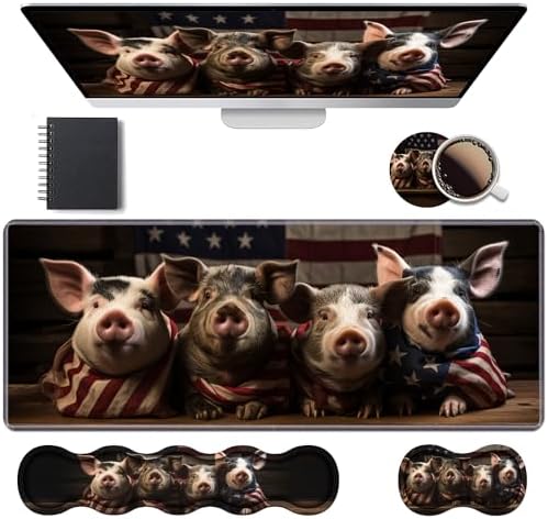 Ergonomic Keyboard Wrist Rest & Mouse Pad Wrist Rest Set, Large XXL Gaming Desk Mat 31.5"x 11.8" with Memory Foam, Easy Typing Pain Relief for Office & Home, Funny Piggy Wrapped in American Flag by Unknown