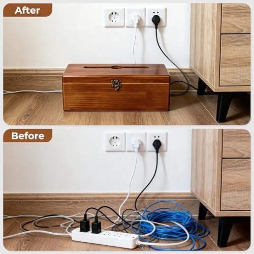 Large Cable Management Box with Clasp, Soild Wood Cord Box with 4 Open Slots, Cable Box to Hide Cords and Power Strip - Image 5