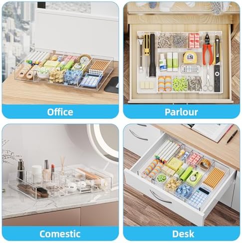 Marbrasse Acrylic Expandable Drawer Organizer, Clear Desk Drawer Organizer Tray with 5 Dividers, Desk Organizers and Accessories, 10 Adjustable Compartments for Office Supplies, Makeup & Vanity - Image 4