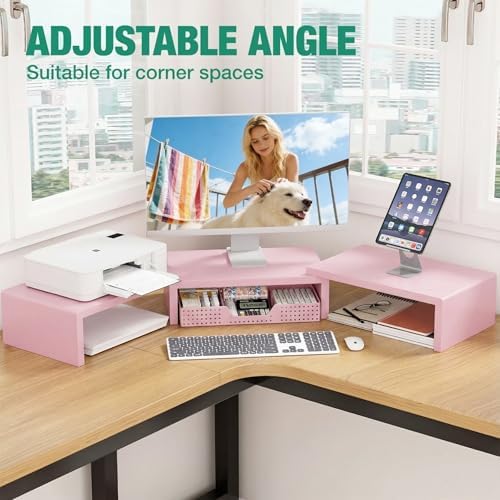 OPNICE Dual Computer Monitor Stand Riser, Desk Organizer with Drawer, Office Desk Accessories & Workspace Organizers for Home Office Supplies, Pink - Image 5