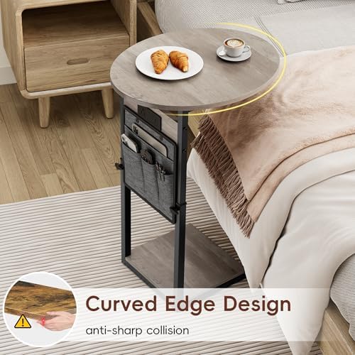 Vagusicc C Shaped End Table with Charging Station, 32" Tall Side Table for Couch and Recliner, Adjustable Height Small Couch Side Table Slide Under Sofa TV Tray Table for Living Room, Bedroom, Greige - Image 3