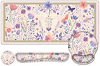 Cute Desk Mat, 4in1 Large Mouse Pad with Wrist Rest, Desk Matt for Desktop, Deskpad Mat, Anti-Slip XXL Computer Ergonomic Mousepad with Wrist Support for Keyboard and Mouse I Retro Purple Floral by NXZGO