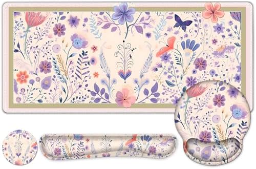 Cute Desk Mat, 4in1 Large Mouse Pad with Wrist Rest, Desk Matt for Desktop, Deskpad Mat, Anti-Slip XXL Computer Ergonomic Mousepad with Wrist Support for Keyboard and Mouse I Retro Purple Floral by NXZGO