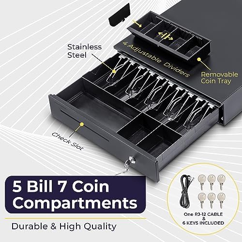 Volcora Cash Register Drawer for Point of Sale (POS) System, 5 Bill/7 Coin, 16" with Adjustable Coin Slots, 12-24V, RJ11/RJ12 Key-Lock, Media Slot, Black - Image 3
