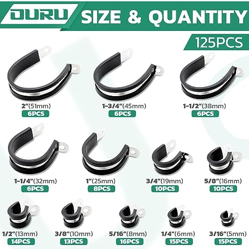 OURU 125PCS Cable Clamps Assortment Kit,Rubber Coated, 1/4"-2" 12 Sizes - Image 2