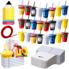 Qinyoung 24 Set/74 Pcs Back to School Teacher Appreciation Gifts Red Blue Lined Drink Carrier with Handle, 16 oz Teacher Tumblers with Lids Straws, Pencil Greeting Card Back to School Party Supplies by Qinyoung