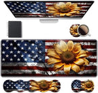 Ergonomic Keyboard Wrist Rest & Mouse Pad Wrist Rest Set, Large XXL Gaming Desk Mat 31.5"x 11.8" with Memory Foam, Easy Typing Pain Relief for Office & Home, American Flag Sunflower by Unknown