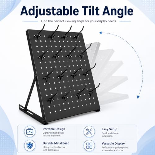 2 Pack Pegboard Display Stand, Metal Peg Board with 32 Hooks, Adjustable Angle & Foldable Design, Thick Steel Panel, Durable Tabletop Rack 16''x12'' for Vendor Display, Craft Show, Jewelry Display(Black silver) - Image 3