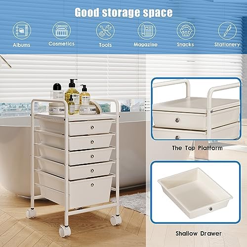 Rolling Storage Cart with Drawers 5-Tier Lock Wheels Office White - Image 6