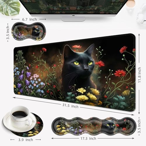Desk Mat, Mouse Pad with Wrist Rest, 4-in-1 Large Mouse Pads for Desk, Ergonomic Mouse Pad and Keyboard Wrist Rest Gaming Keyboard Mat for Office,Black Cat - Image 6