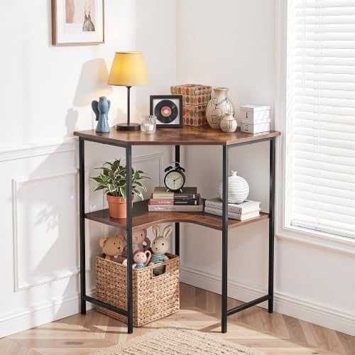 VECELO Small Corner Computer Desk 33 x 30 inches with Storage Shelves for Small Spaces,Triangular Shape,Brown - Image 6