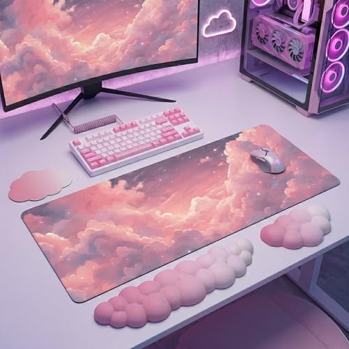 Pink Cloud Large Mouse Pad for Desk Cloud Keyboard Wrist Rest 4PCS Extended Cloud Desk Mat Pad Set Memory Foam Non-Slip Ergonomic Cute Gaming Mouse Pad Wrist Support for Computer Laptop Home Office - Image 2