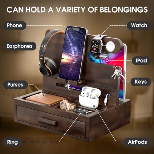melafa365 Nightstand Organizer for Men,Phone Docking Station with Cable Management,Night Stand with Drawer,Bedside Organizer for Watches,Keys,Wallets,Gifts for Men(Brown) - Image 2
