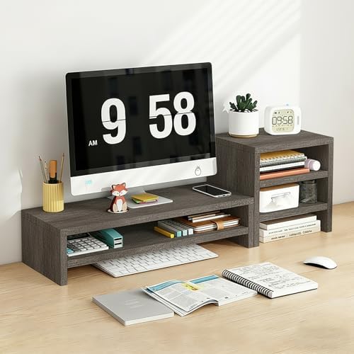 Solid Wood Monitor Stand Riser & Laptop Stand Desk Organizer - Office Accessories for PC Workspace, Computer Organization, Countertop Hutch Dark Grey Log Combination 2 by Unknown